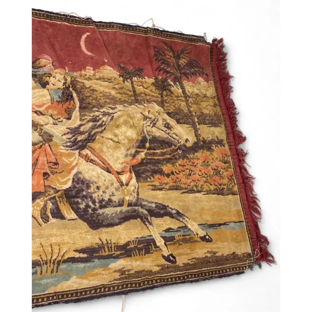 Vintage Arabian Nights Tapestry Middle Eastern Men Horses Wall Hanging 43x23